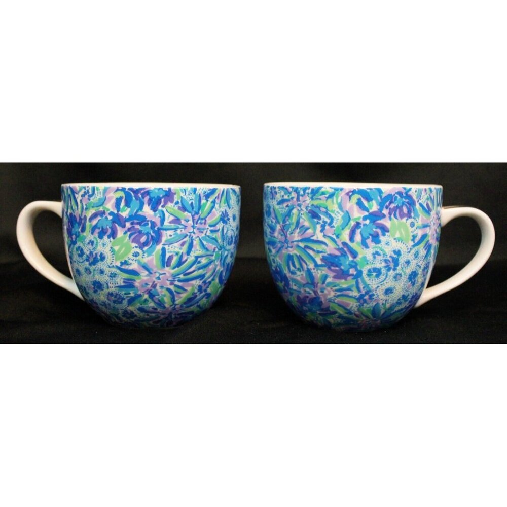 2 Lilly Pulitzer Blue Lion Around Floral Coffee Mugs Ceramic Cups Gold Handle